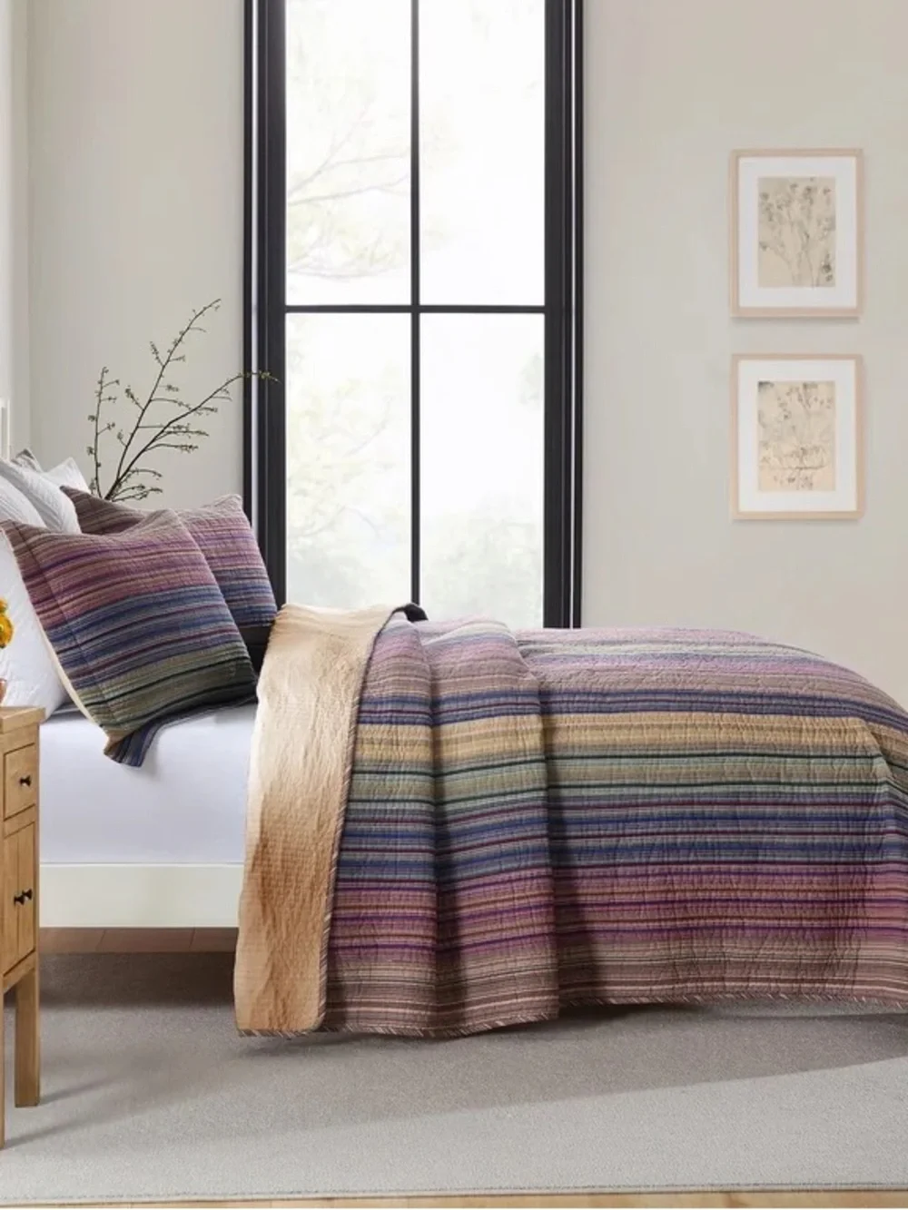 Multicolor Striped Quilt Set Queen 3 piece cotton quilt